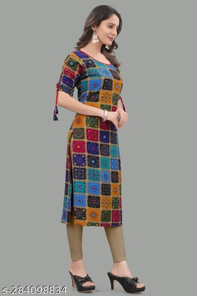 Rayon Printed Kurti for Women (Blue,M)